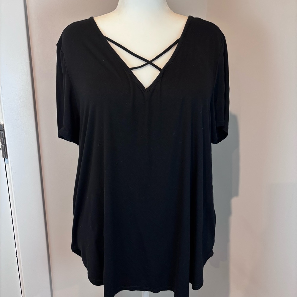 Emory Park Black Strappy V-Neck Short Sleeve Top – Size 2X (Estimated)